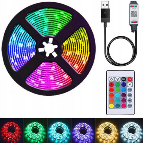 TAŚMA LED RGB USB Z PILOTEM 5V 3M PODŚWIETLENIE LEDOWA KOLOROWA WODOODPORNA