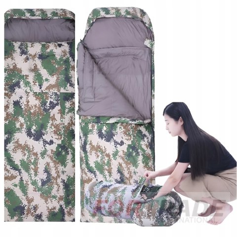 TOURIST TRAVEL SLEEPING BAG WITH HOOD, WARM, LIGHTWEIGHT CAMO DUVET WITH COVER