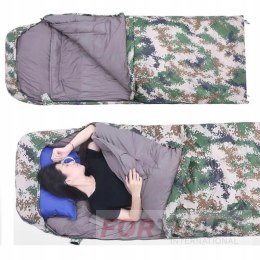 TOURIST TRAVEL SLEEPING BAG WITH HOOD, WARM, LIGHTWEIGHT CAMO DUVET WITH COVER