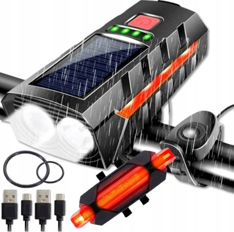 LED SOLAR FAHRRADLAMPE POWERBANK LENKERLAMPE VORNE + HINTEN GLOCKE